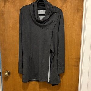 526. Phoenix Florence Cozy Top Dark Charcoal Asymmetric Button Cowl Cardigan